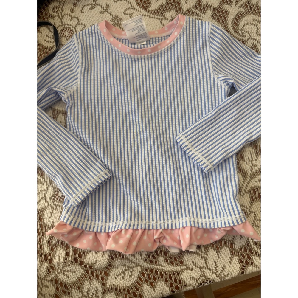 RuffleButts Girls Blue Seersucker Stripe Pink Polka Dot Rash Guard Swim Top 5